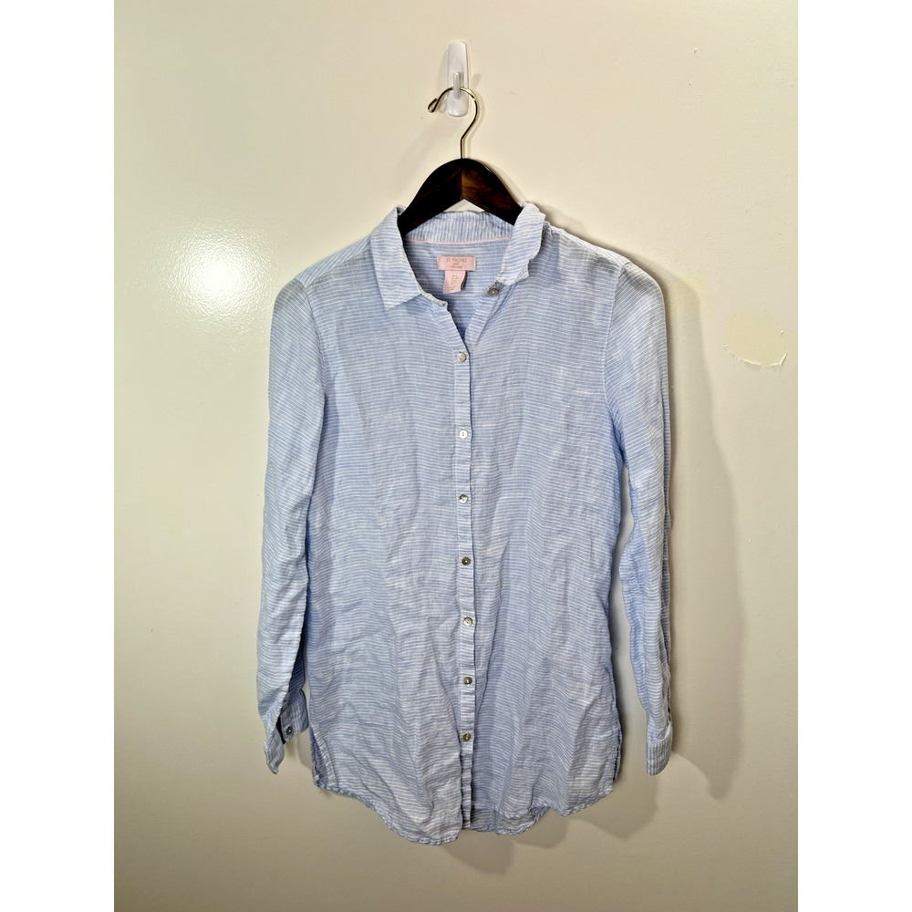 St. Tropez Womens Linen Button Down Shirt Sz S Blue White Striped Classic Beachy